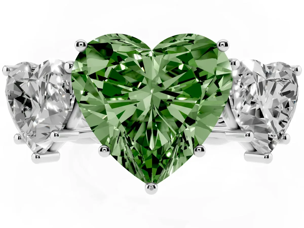 Fancy Green Three-Stone Heart Cut Diamond Braided Band Ring with Four-Prong Setting Silver