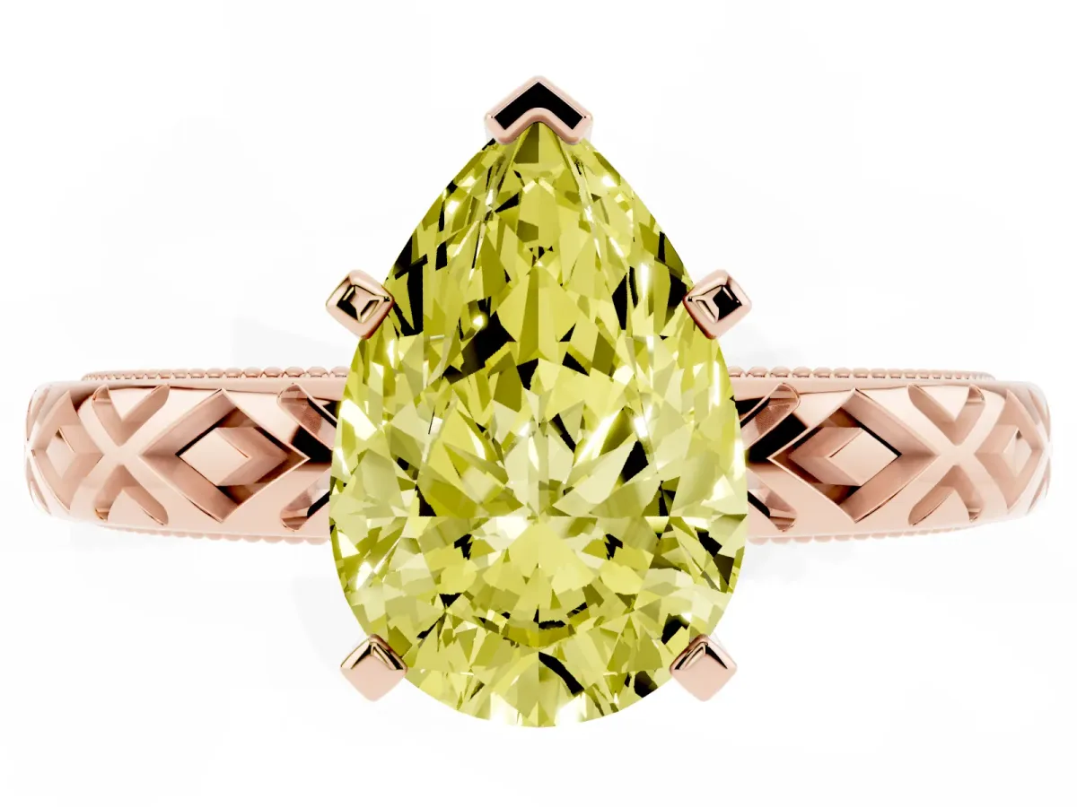 Fancy Yellow Pear Cut Solitaire Diamond Ring with Milgrain and Black Enamel X Pattern Band Rose gold