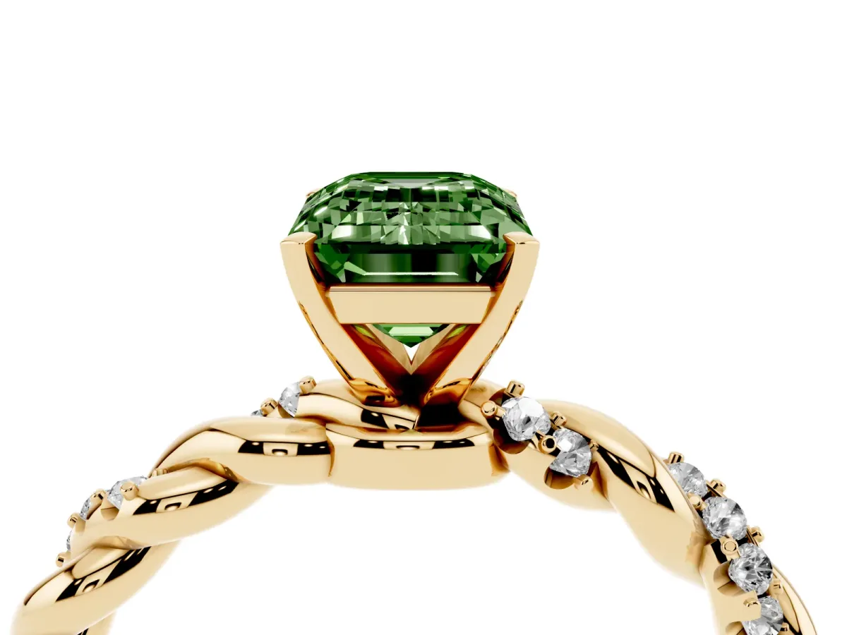 Fancy Green Emerald Cut Diamond Solitaire Ring with Twisted Band and Pavé Accents Yellow gold