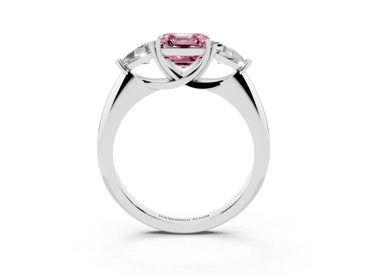 Fancy Pink Three-Stone Asscher Cut Diamond Engagement Ring with Trillion Side Stones and Prong Setting Silver