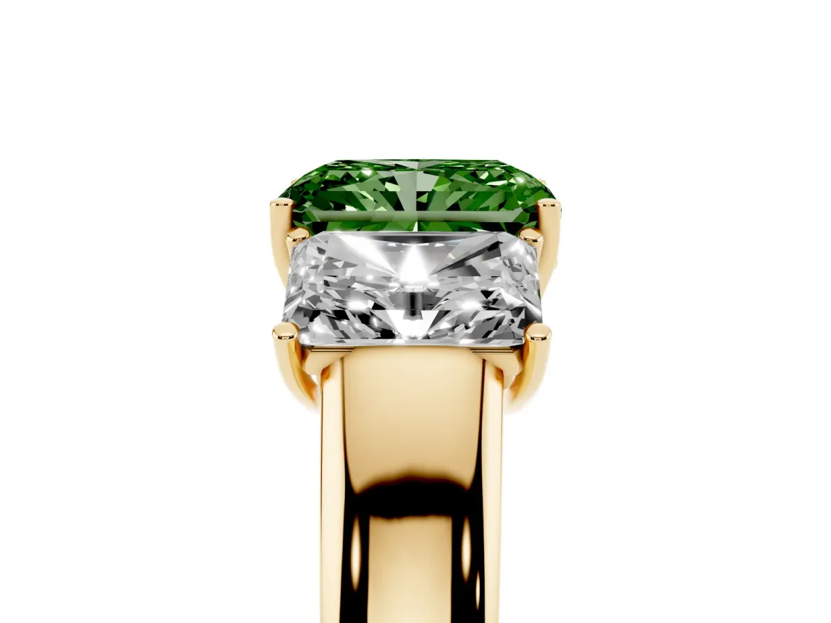 Fancy Green Three-Stone Radiant Cut Cut Diamond Ring with Prong Setting and Classic Band Yellow gold