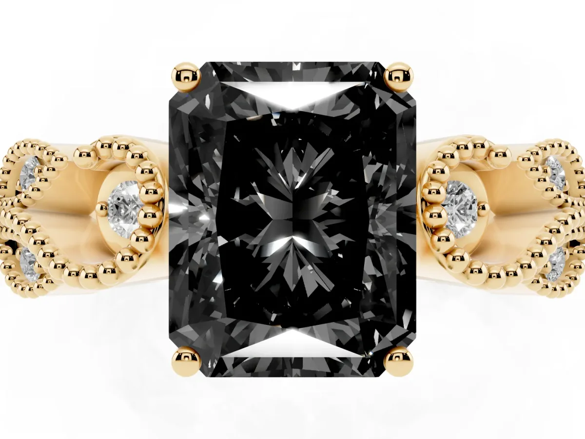 Fancy Black Radiant Cut Solitaire Milgrain Leaf Band with Prong Setting Yellow gold