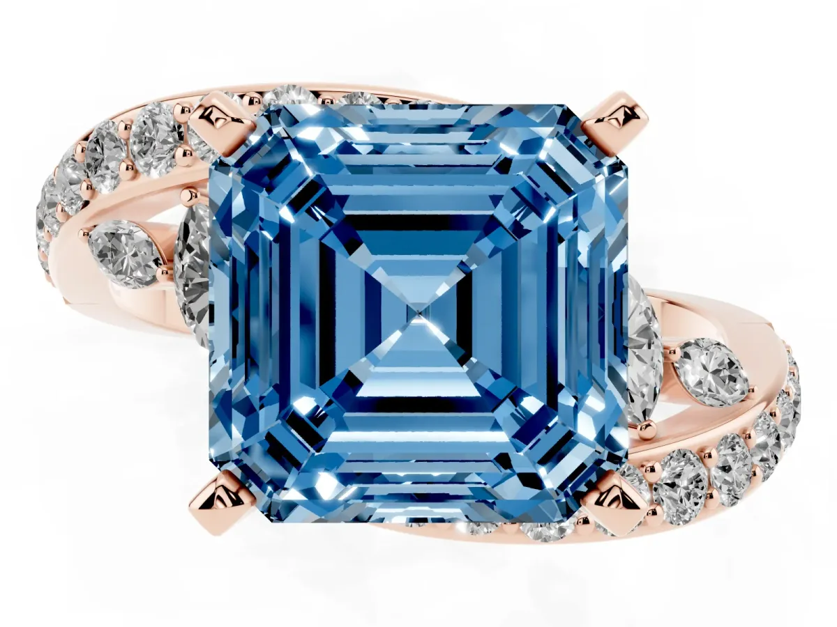 Fancy Blue Asscher Cut Solitaire with Pavé Twist Band and Four-Prong Setting Rose gold