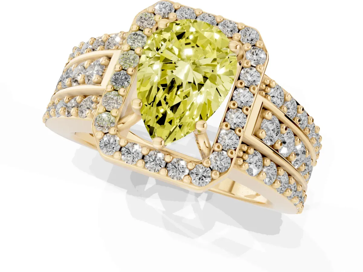 Fancy Yellow Pear Cut Halo Diamond Ring with Round Split Shank and Prong Setting Yellow gold