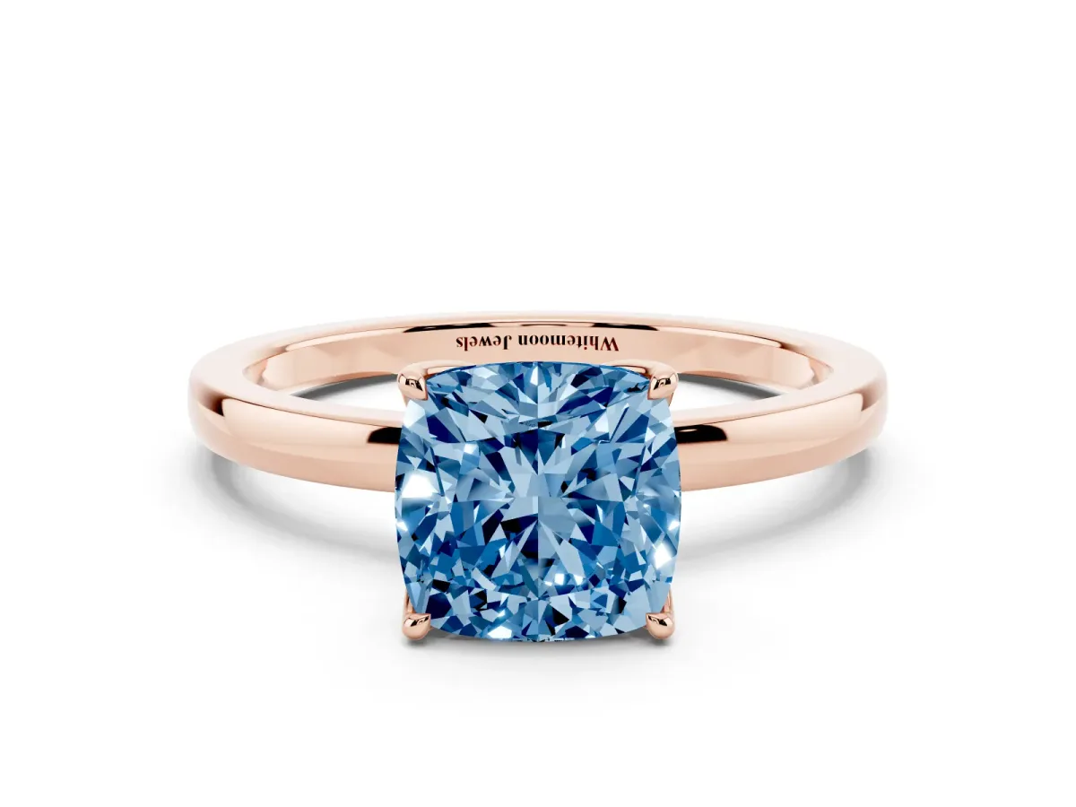 Fancy Blue Cushion Cut Diamond Solitaire Ring with Thin Band and Prong Setting Rose gold
