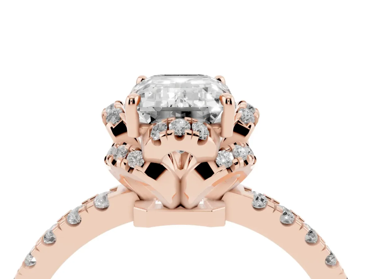 Emerald Cut Halo Diamond Pave Band Ring with Four-Prong Setting Rose gold