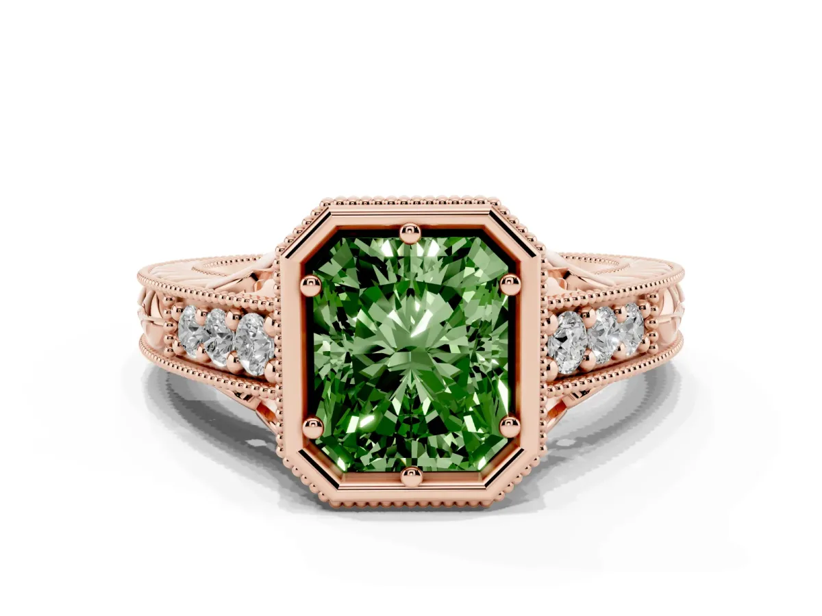 Fancy Green Bezel Set Radiant Cut Diamond Milgrain Pave Engagement Ring Rose gold