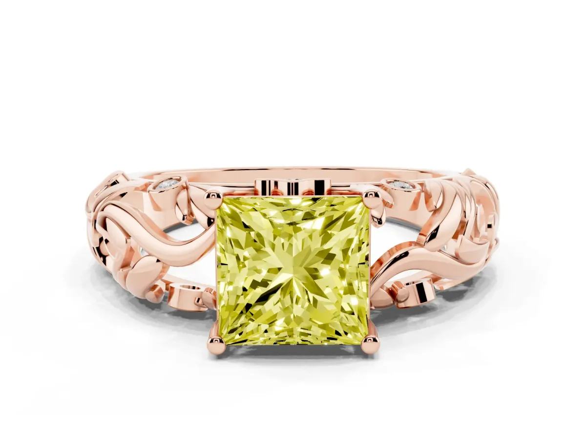 Fancy Yellow Princess Cut Solitaire Diamond Leaf-Inspired Vine Band Ring with Prong Setting Rose gold