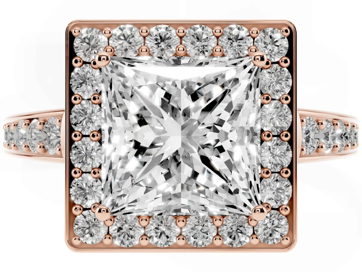 Princess Cut Halo Pavé Diamond Engagement Ring with Bezel Setting Rose gold