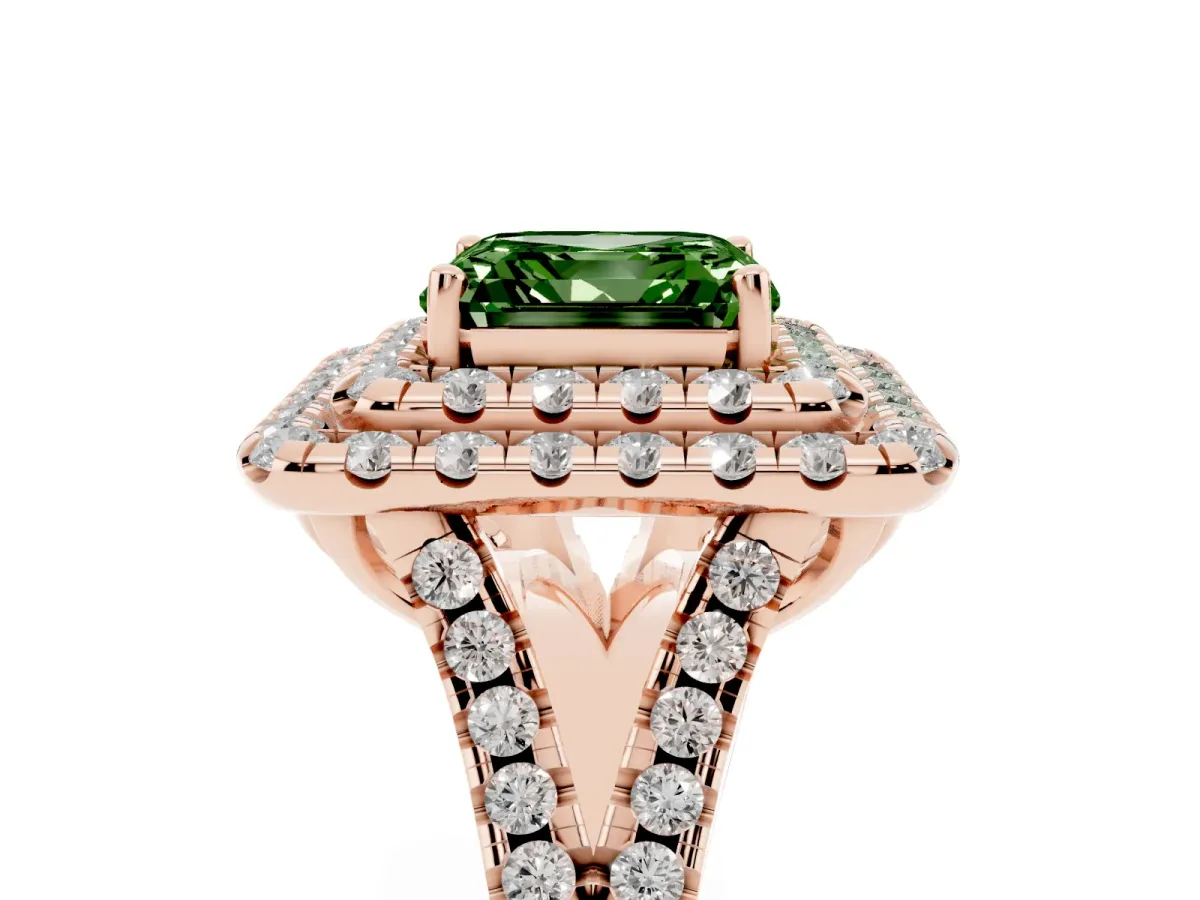 Fancy Green Double Halo Asscher Cut Diamond Pavé Split Shank Ring with Prong Setting Rose gold