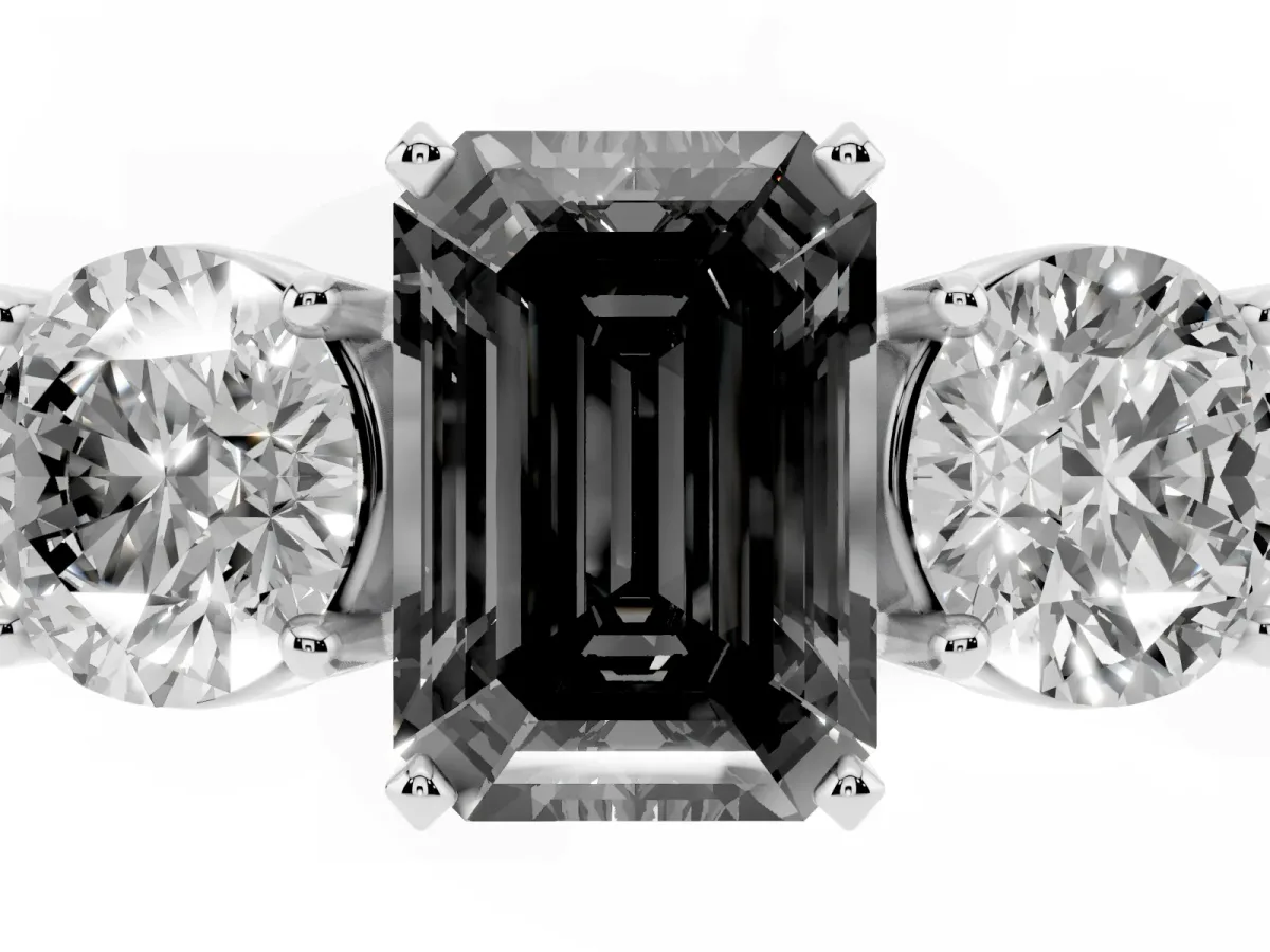 Fancy Black Three-Stone Emerald Cut Diamond Ring with Round Side Stones, Classic Band, and Four-Prong Setting Silver