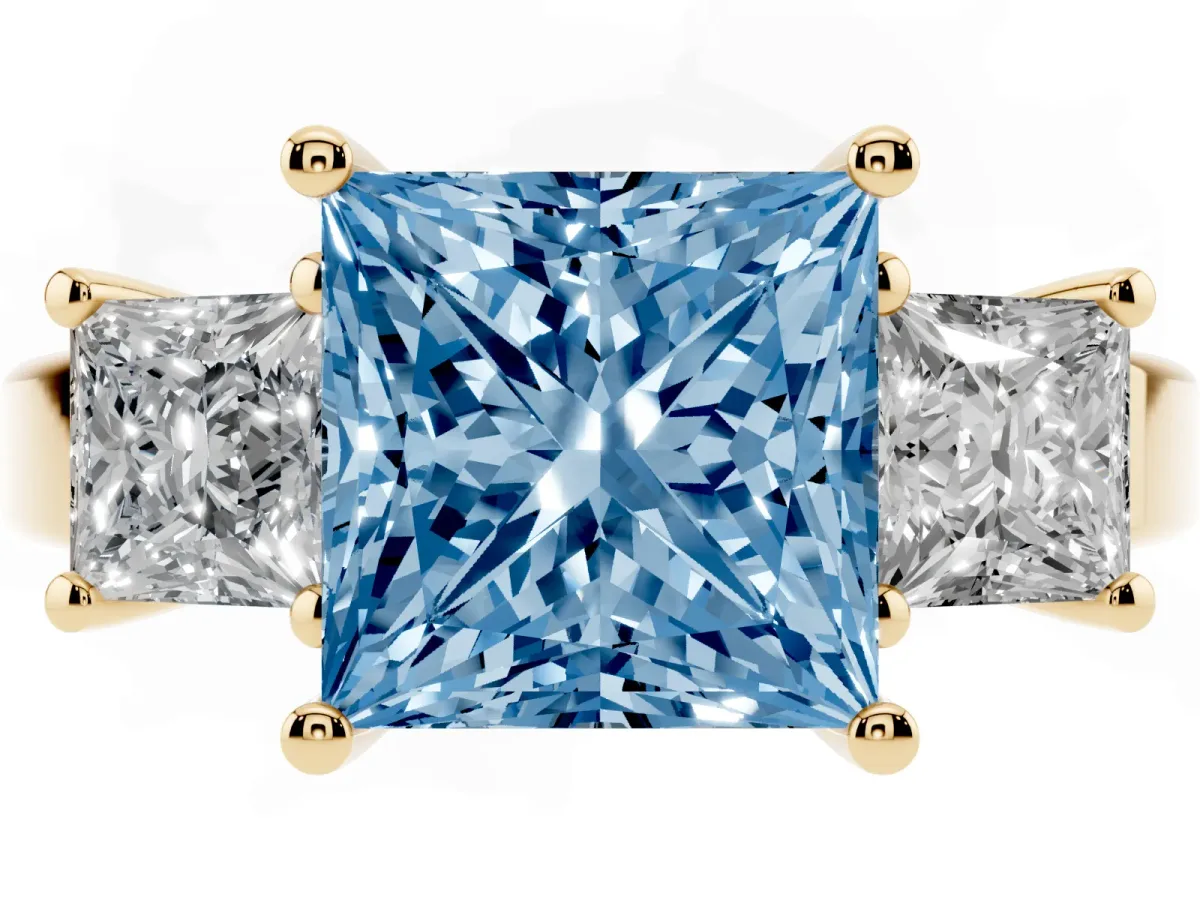 Fancy Blue Three-Stone Princess Cut Cut Solitaire Ring with Prong Setting Yellow gold
