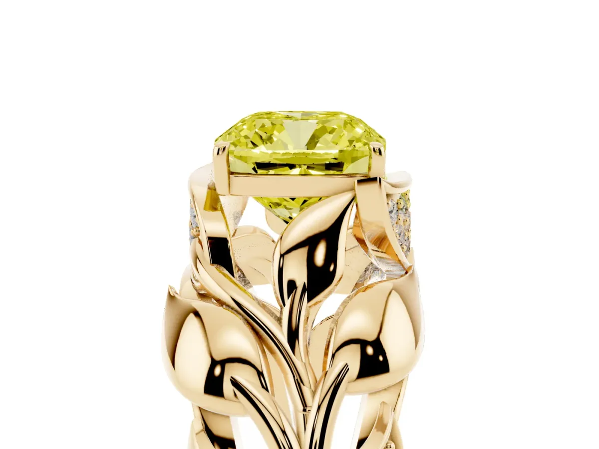 Fancy Yellow Cushion Cut Diamond Leaf-Inspired Engagement Ring with Round Accents and Prong Setting Yellow gold