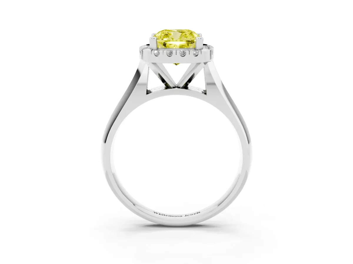 Fancy Yellow Cushion Cut Cut Halo Solitaire Engagement Ring with Square Band and Four-Prong Setting Platinum