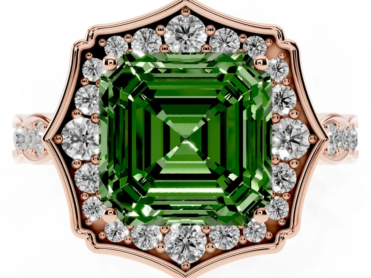 Fancy Green Asscher Cut Halo Diamond Engagement Ring with Milgrain Band and Four-Prong Setting Rose gold