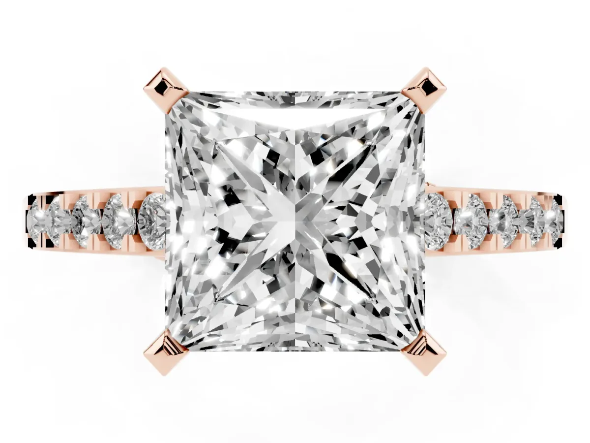 Princess Cut Diamond Solitaire Ring with Crossover Gallery and Round Pavé Band Rose gold