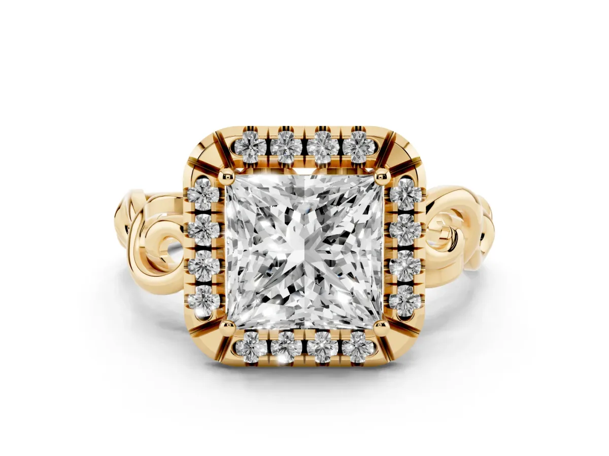 Princess Cut Cut Halo Diamond Ring with Scrollwork Band and Four-Prong Setting Yellow gold