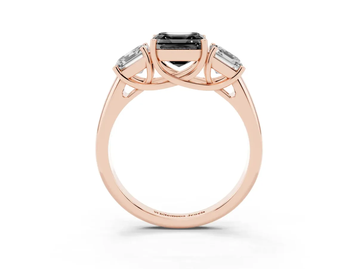 Fancy Black Three-Stone Asscher Cut Diamond Engagement Ring with Prong Setting Rose gold