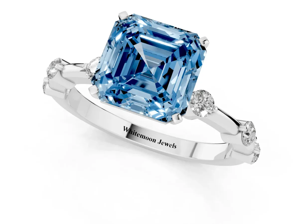 Fancy Blue Asscher Cut Solitaire Diamond Ring with Bezel Set Side Stones and Prong Setting Platinum