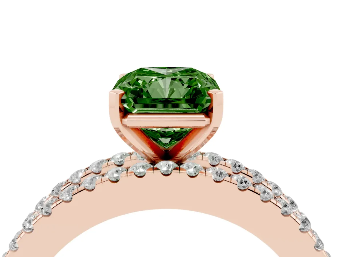 Fancy Green Radiant Cut Diamond Solitaire Ring with Pavé and Channel Set Band Rose gold