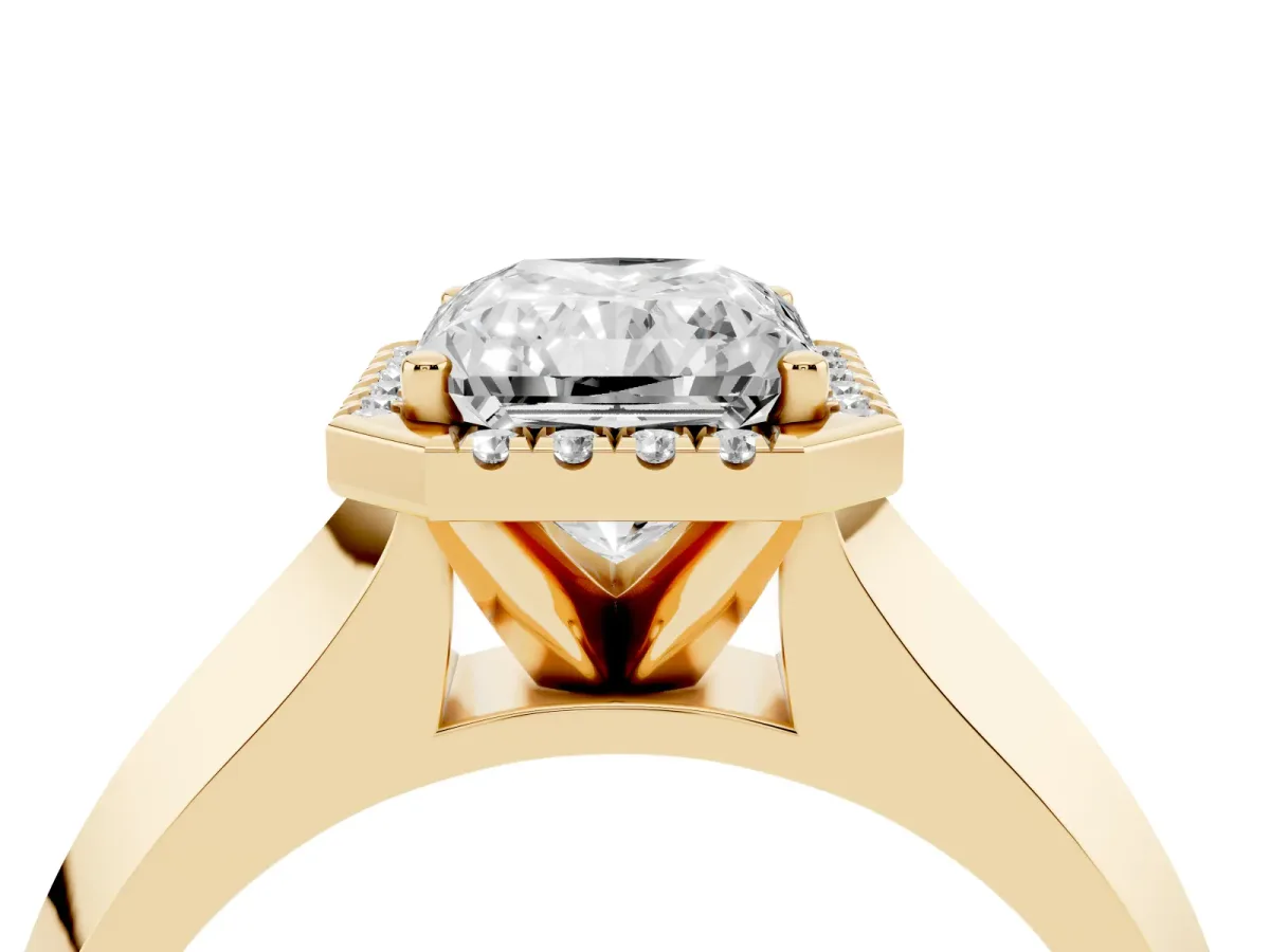 Radiant Cut Halo Diamond Ring with Cathedral Band and Four-Prong Setting Yellow gold