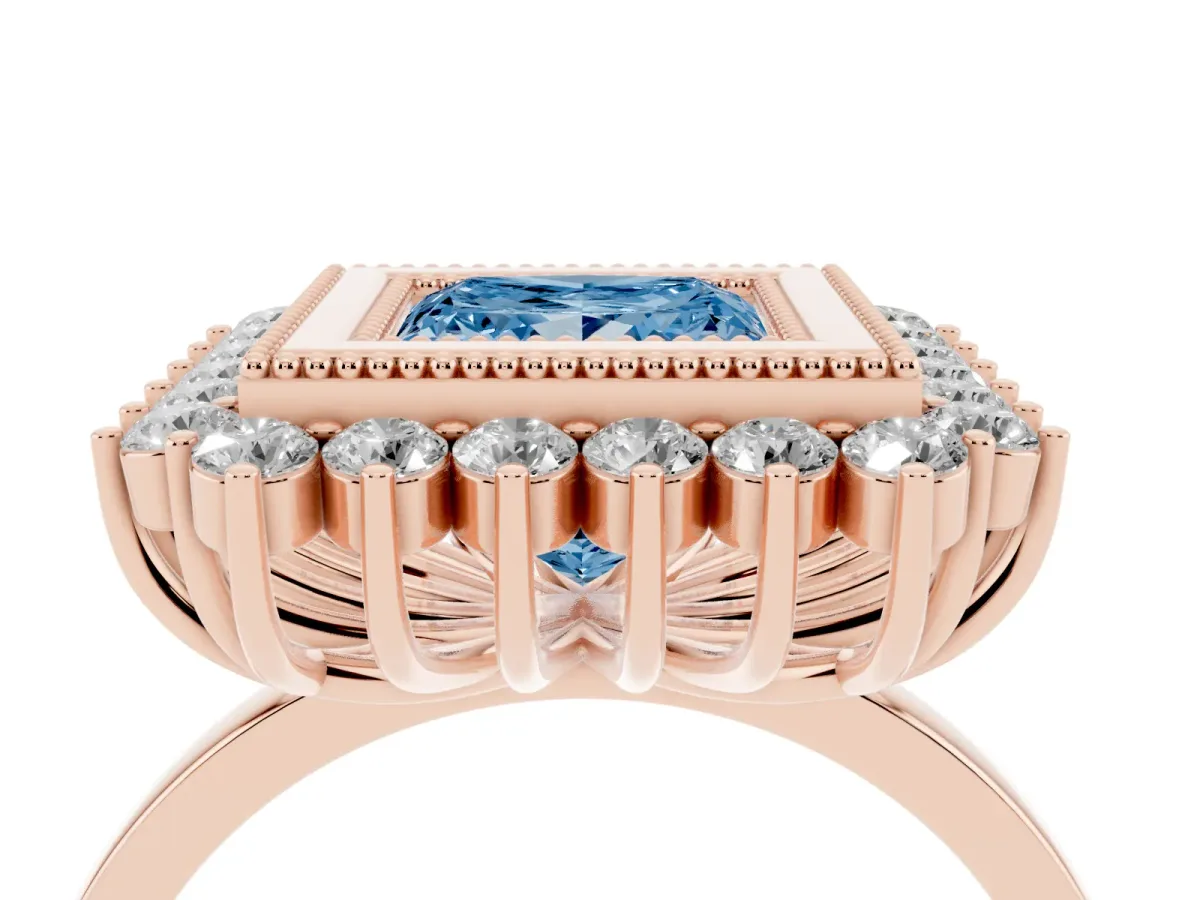 Fancy Blue Princess Cut Halo Diamond Ring with Milgrain Edge and Round Prong Setting Rose gold