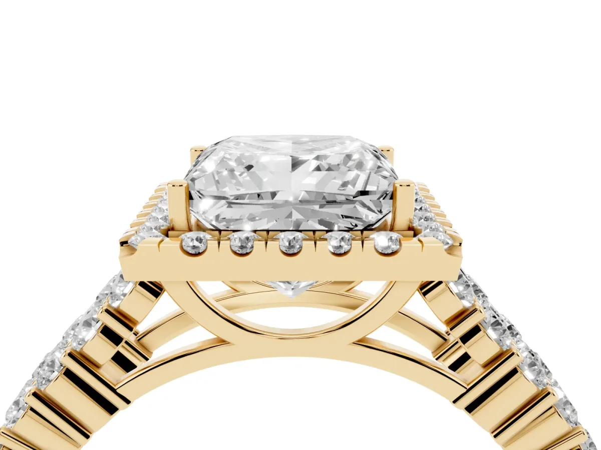 Princess Cut Diamond Halo Engagement Ring with Triple Row Round Pavé Band and Prong Setting Yellow gold