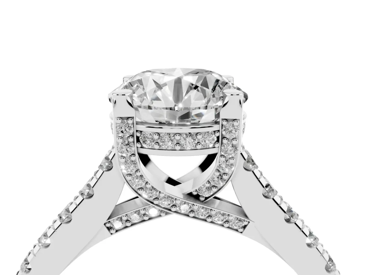 Round Cut Brilliant Diamond Solitaire with Pavé Band and Four-Prong Setting Silver