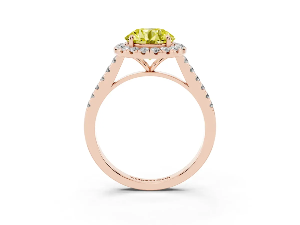 Fancy Yellow Round Cut Halo Pave Diamond Engagement Ring with Four-Prong Setting Rose gold