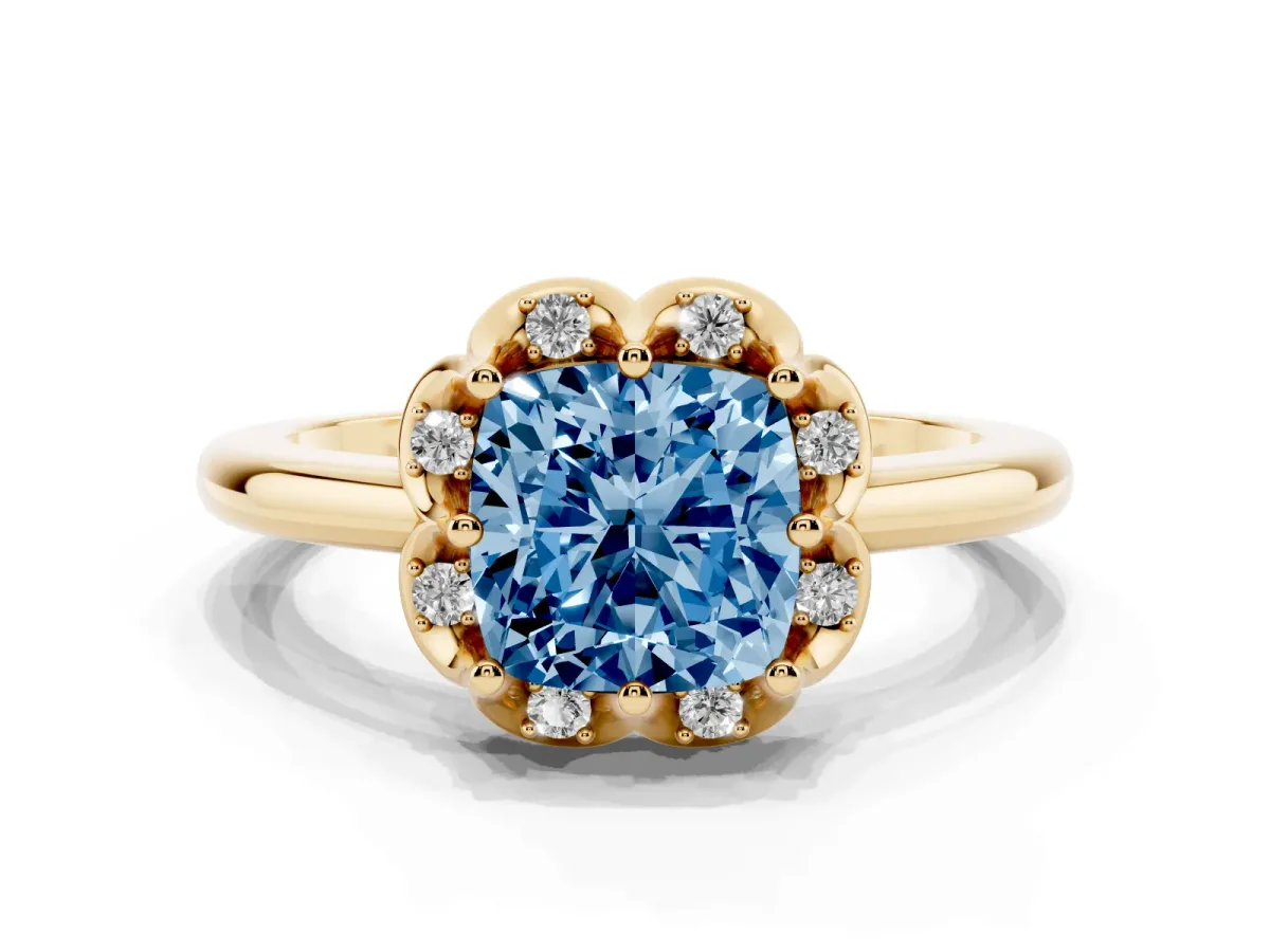 Fancy Blue Cushion Cut Halo Diamond Ring with Round Cluster Setting, Solitaire Band, and Four-Prong Setting Yellow gold