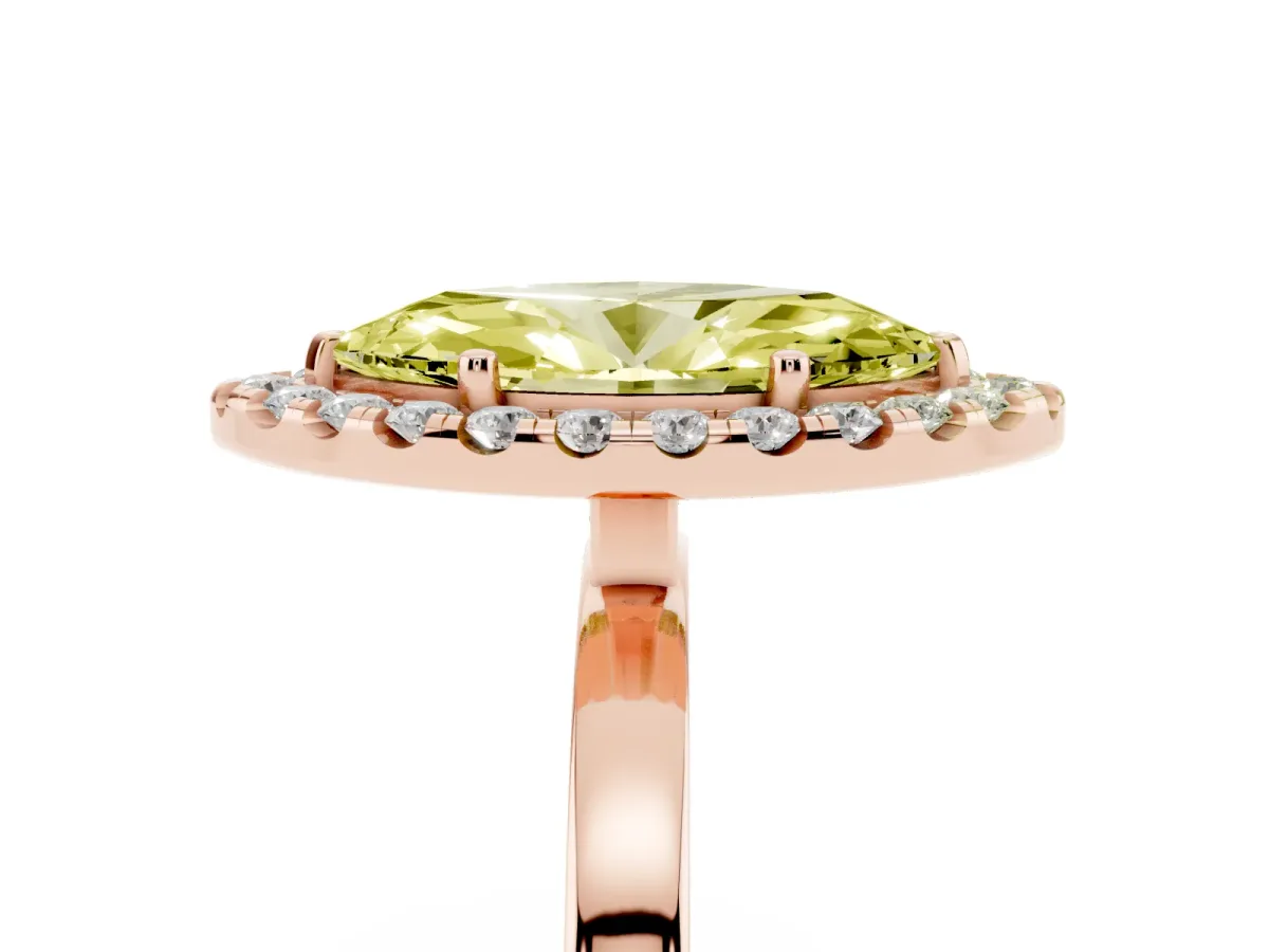Fancy Yellow Marquise Cut Halo Diamond Solitaire with Pavé Band and Four-Prong Setting Rose gold