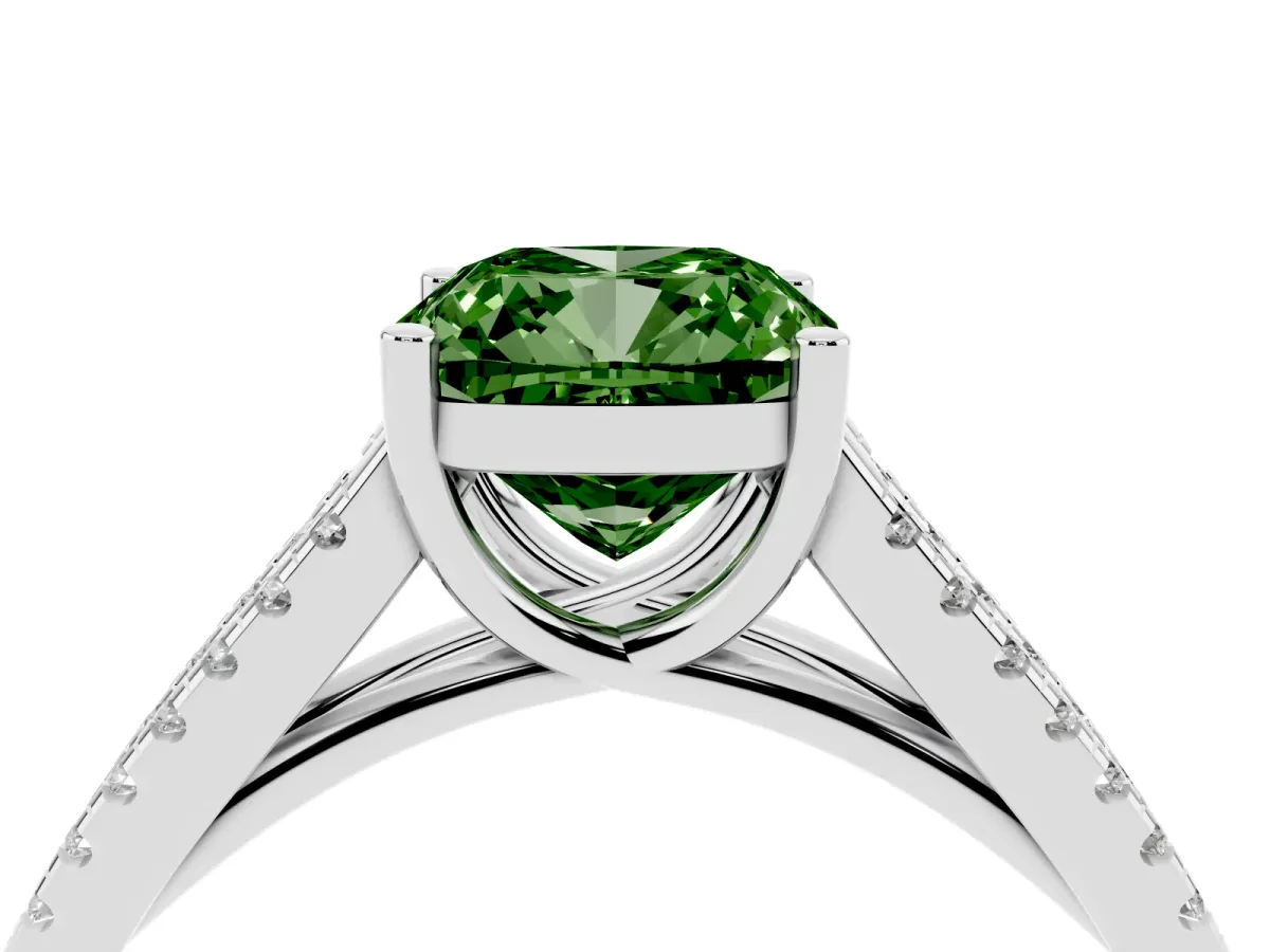 Fancy Green Cushion Cut Diamond Solitaire Engagement Ring with Split Shank Pavé Band Silver