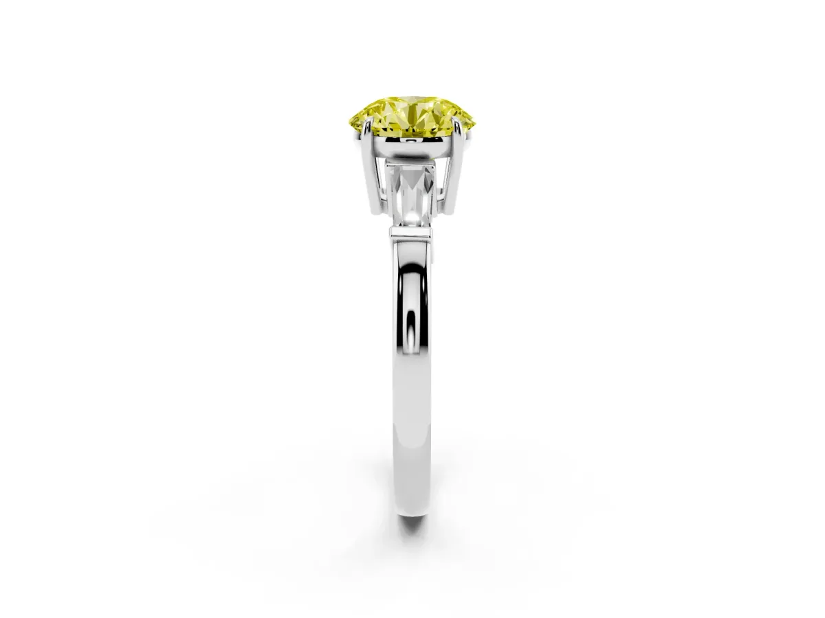 Fancy Yellow Round Cut Diamond Three-Stone Ring with Tapered Baguette Side Stones and Prong Setting Silver