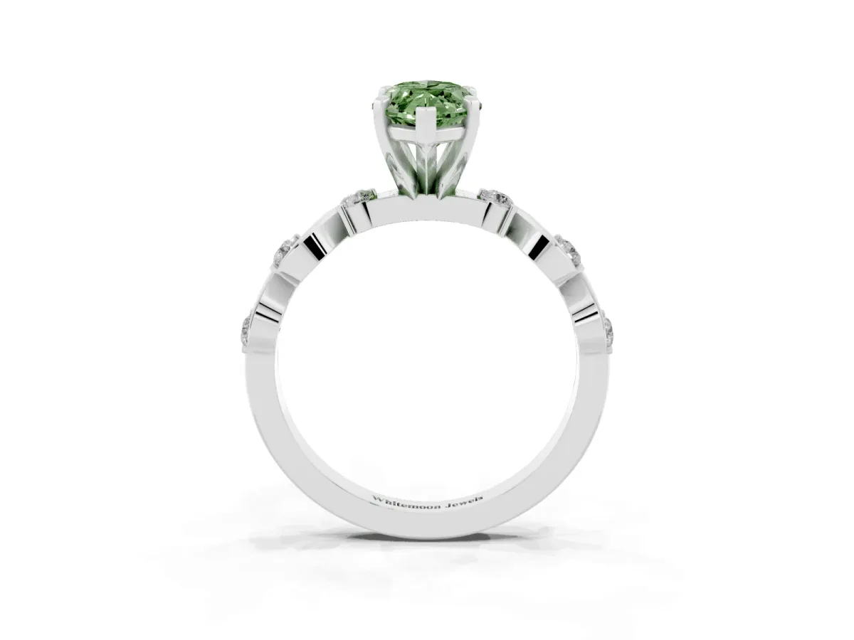 Fancy Green Marquise Cut Diamond Solitaire Twisted Band with Round Accents and Prong Setting Silver