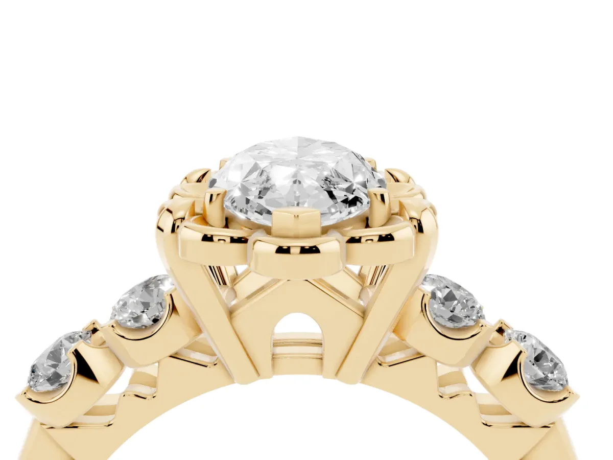 Marquise Cut Cut Diamond Floral Halo Engagement Ring with Shared Prong Setting Yellow gold