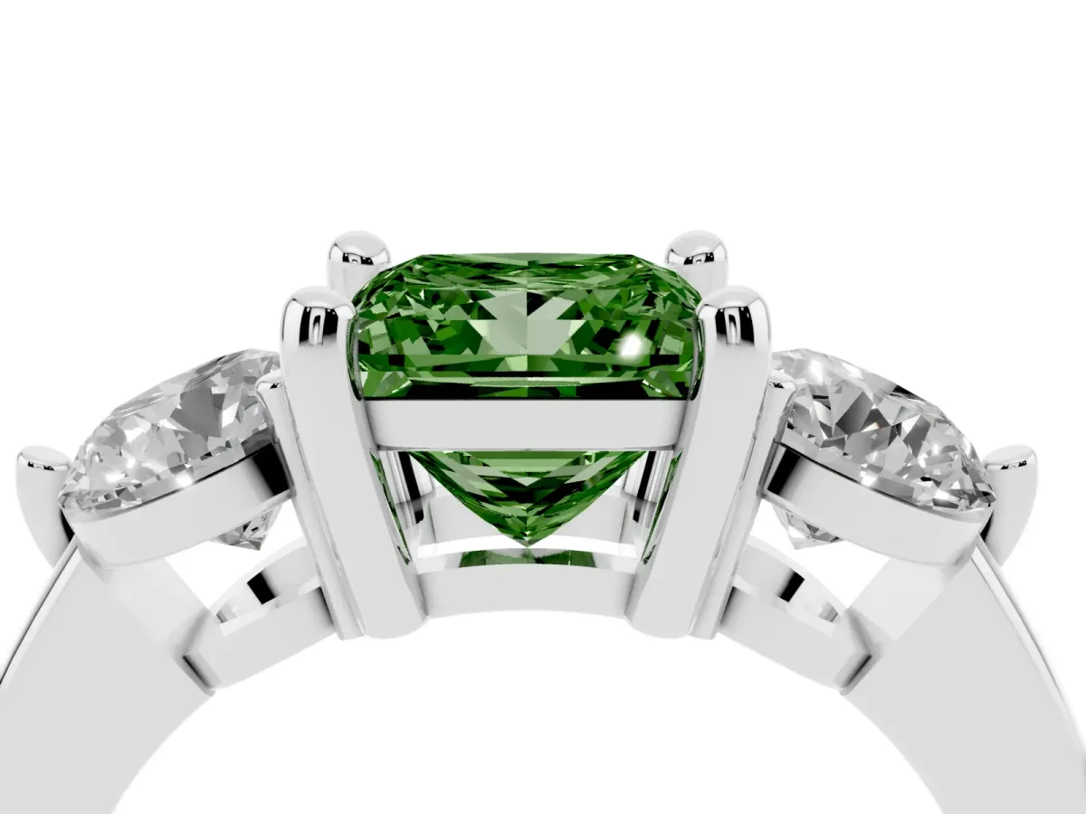 Fancy Green Three-Stone Princess Cut Brilliant Cut Solitaire Ring with Prong Setting on a Classic Band Platinum