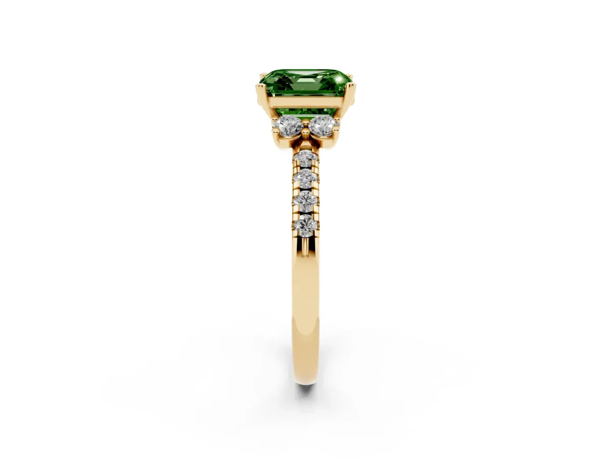 Fancy Green Asscher Cut Diamond Three-Stone Pave Band with Four-Prong Setting Yellow gold