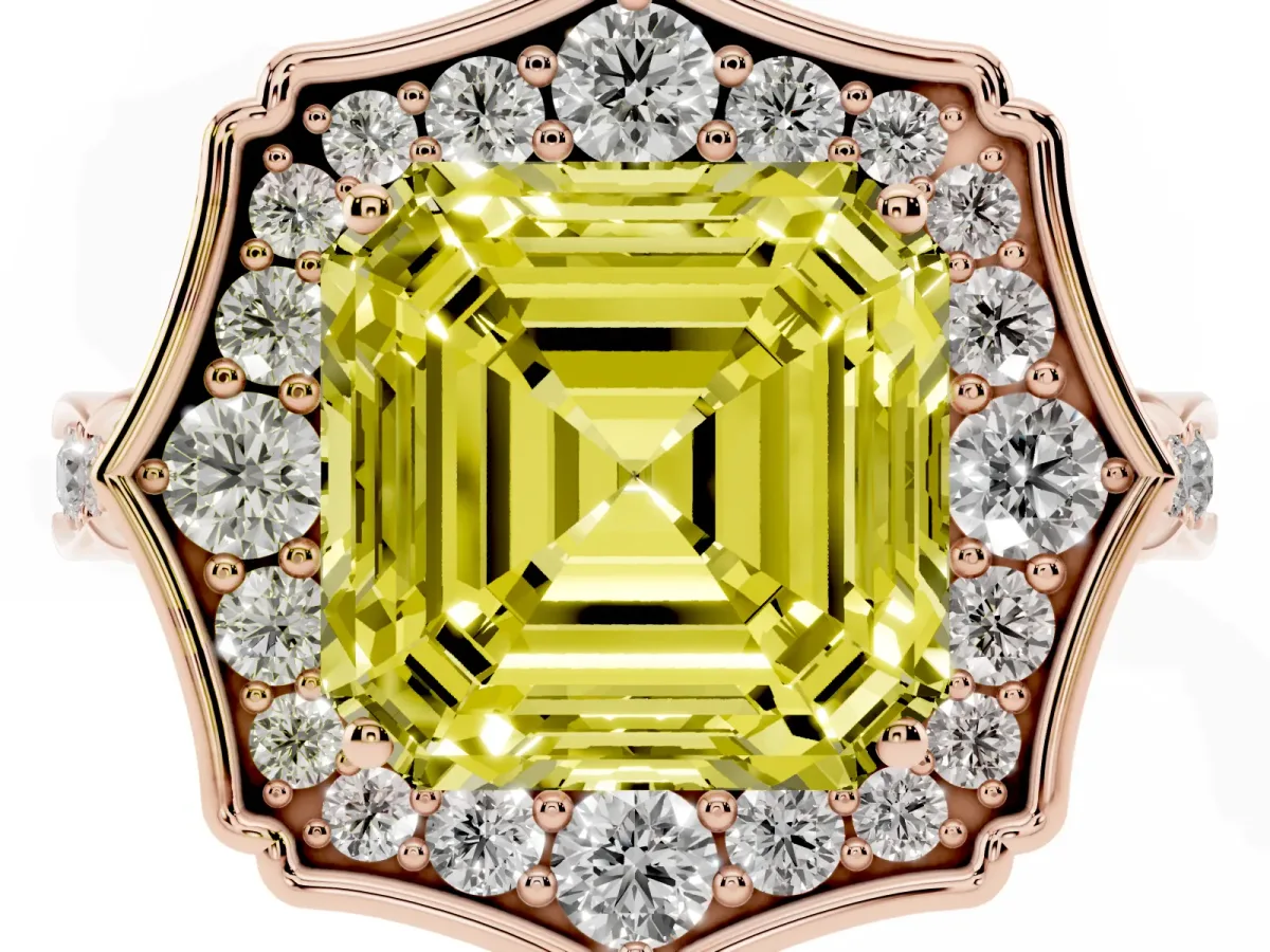 Fancy Yellow Asscher Cut Halo Diamond Engagement Ring with Milgrain Band and Four-Prong Setting Rose gold