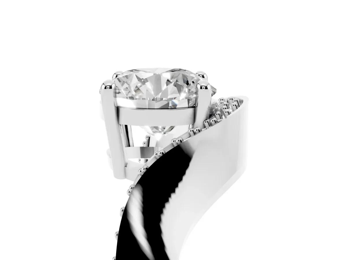 Round Cut Solitaire Diamond Engagement Ring with Pave Band and Four-Prong Setting Silver