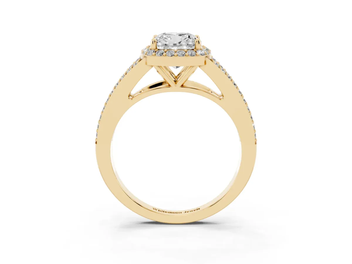 Cushion Cut Halo Split Shank Diamond Ring with Prong Setting Yellow gold