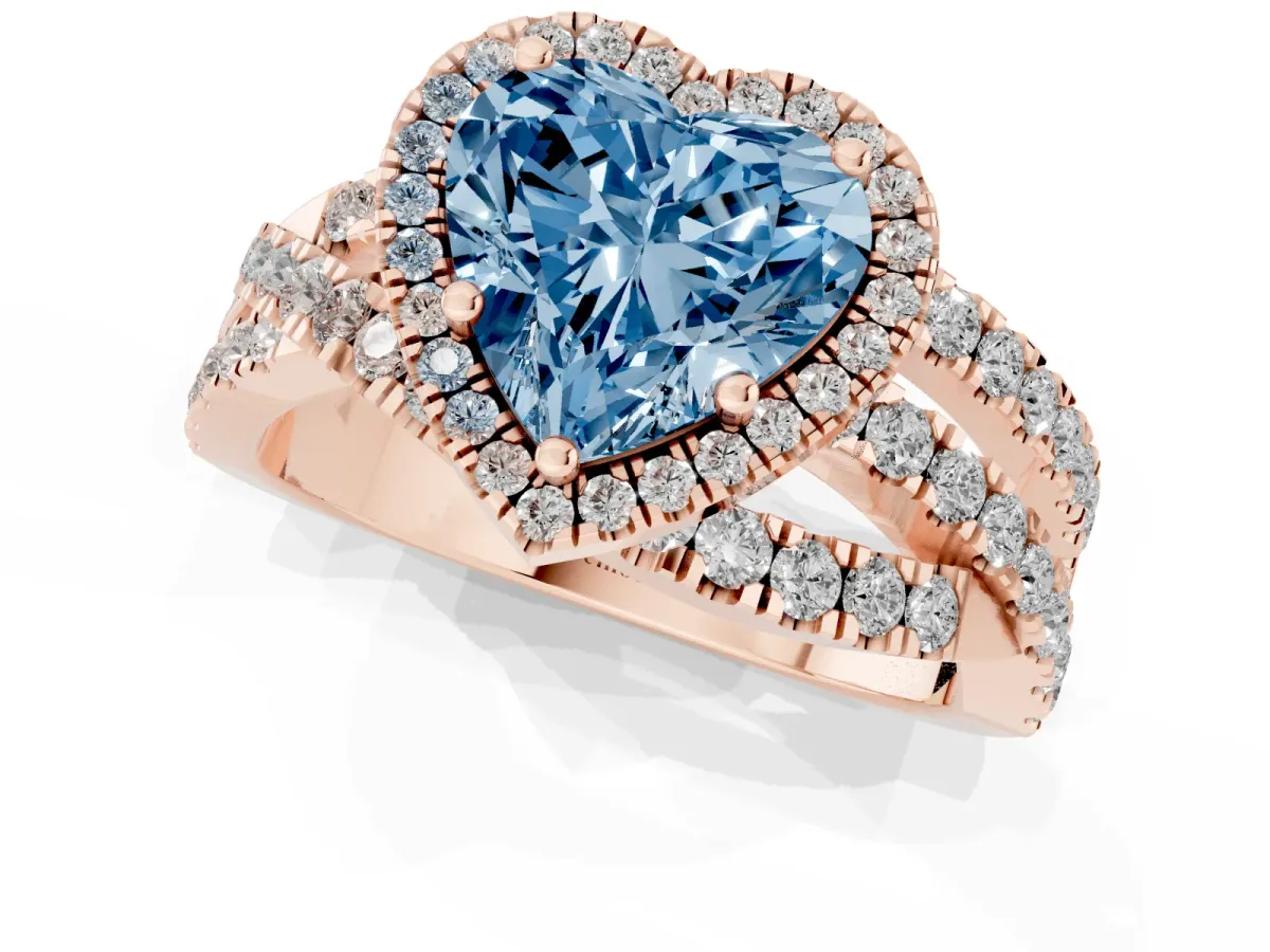 Fancy Blue Heart Cut Diamond Halo Ring with Round Split Shank and Prong Setting Rose gold