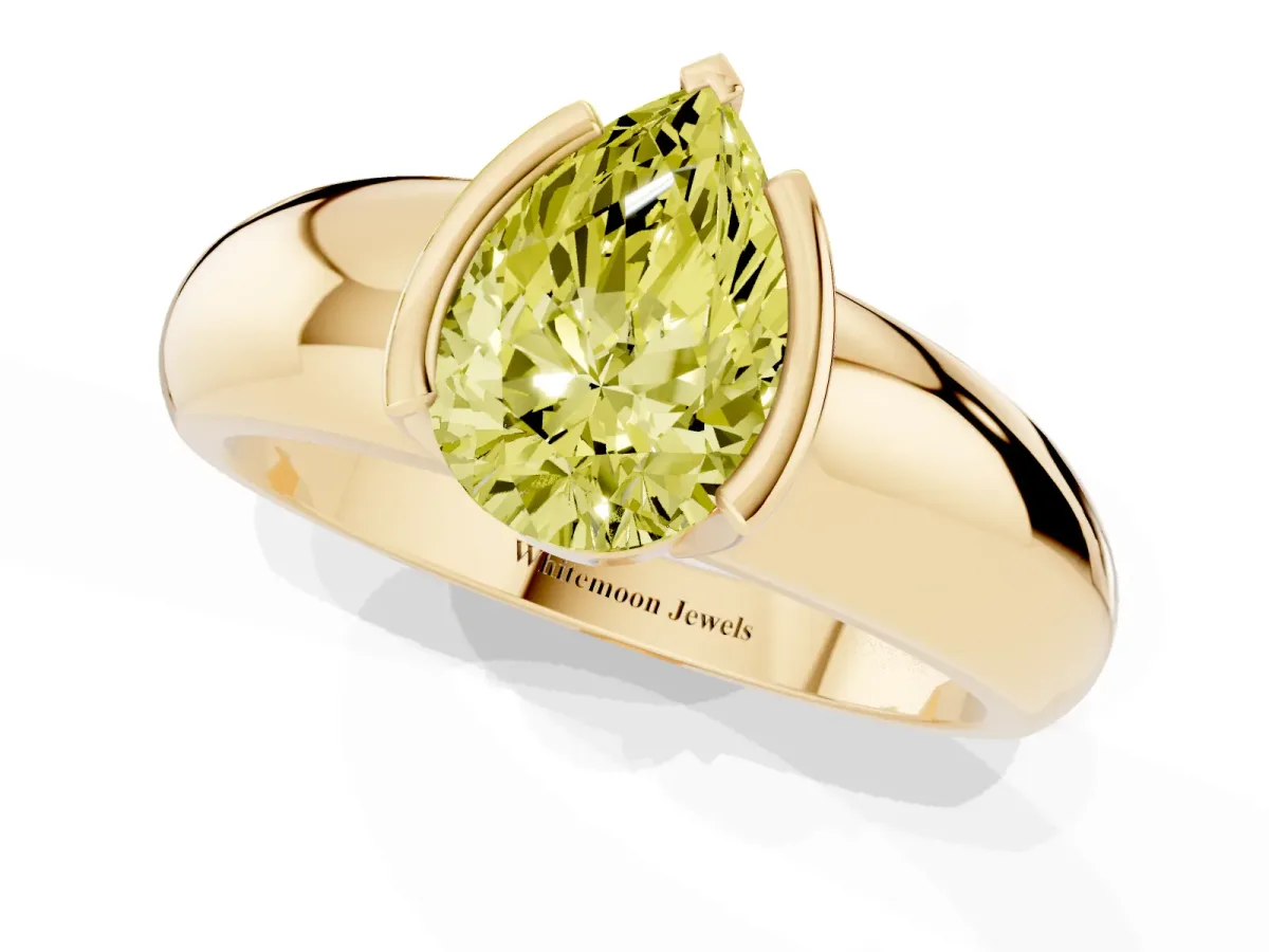 Fancy Yellow Pear Cut Solitaire Tension Set Diamond Ring with Wide Band Yellow gold