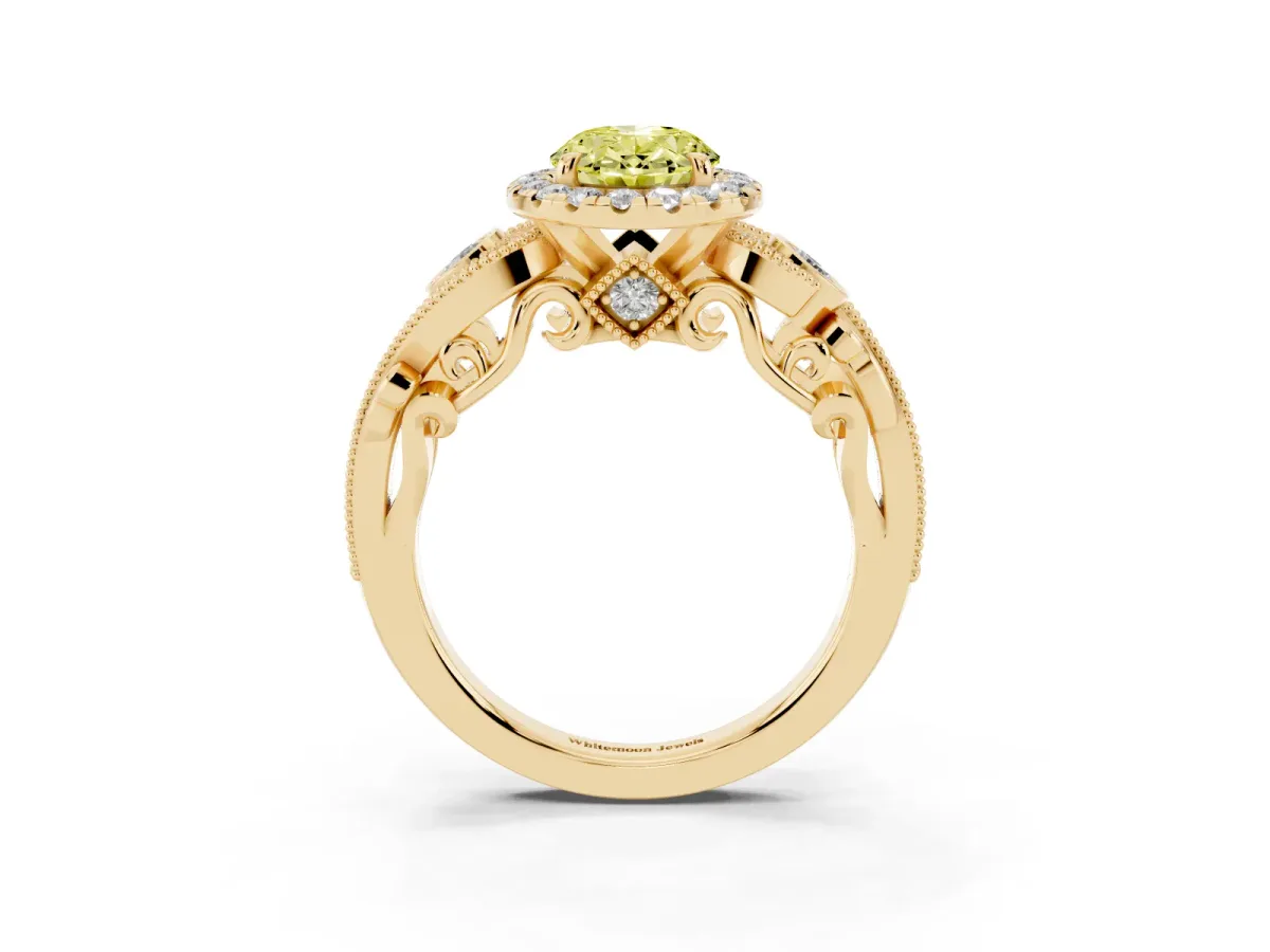 Fancy Yellow Oval Cut Halo Diamond Ring with Milgrain and Bezel Accents on a Split Shank Band Yellow gold