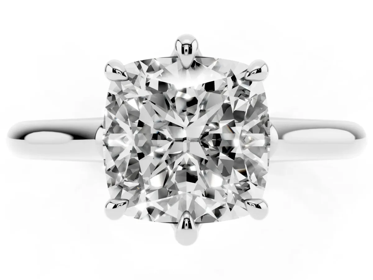 Cushion Cut Solitaire Engagement Ring with Six-Prong Setting and Classic Band Silver