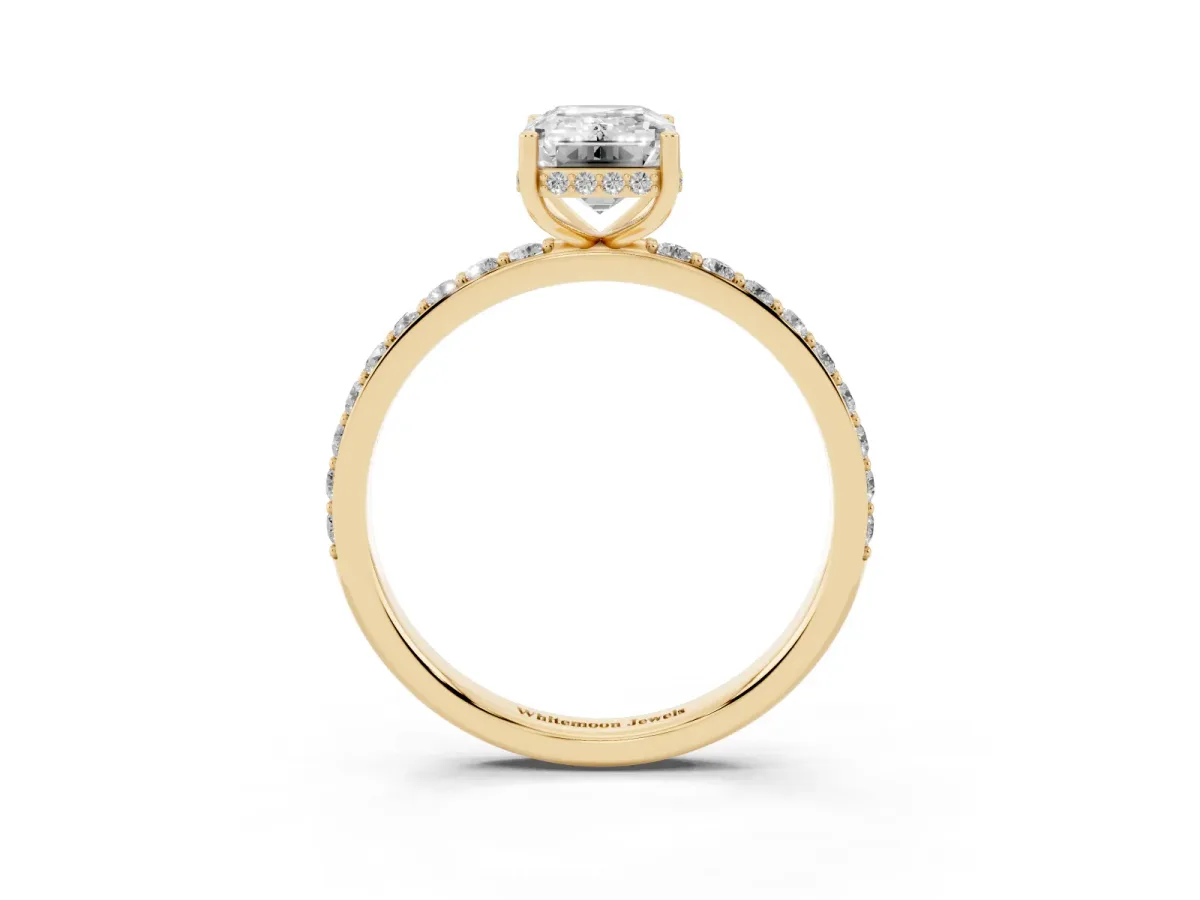Emerald Cut Diamond Solitaire Ring with Pavé Band and Hidden Halo Yellow gold