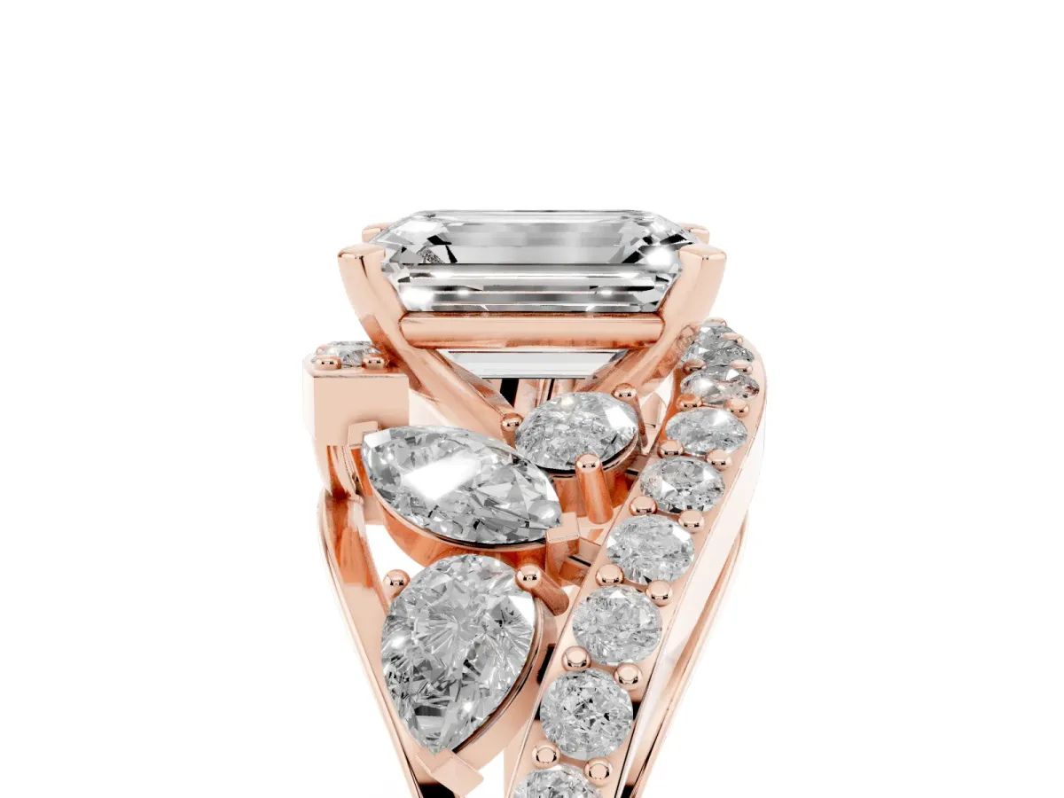 Emerald Cut Diamond Halo Ring with Marquise and Pavé Band in Prong Setting Rose gold