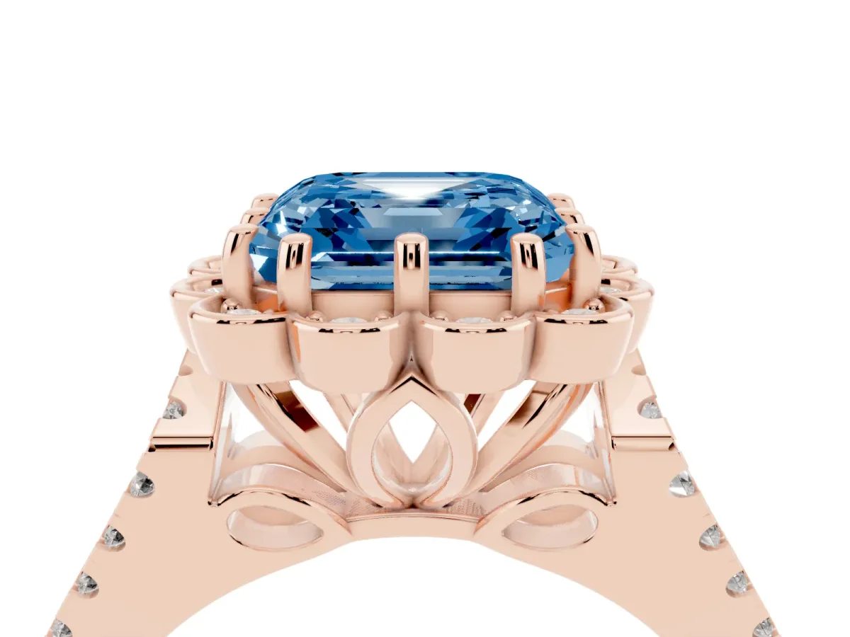 Fancy Blue Asscher Cut Halo Diamond Floral Split Shank Engagement Ring Rose gold