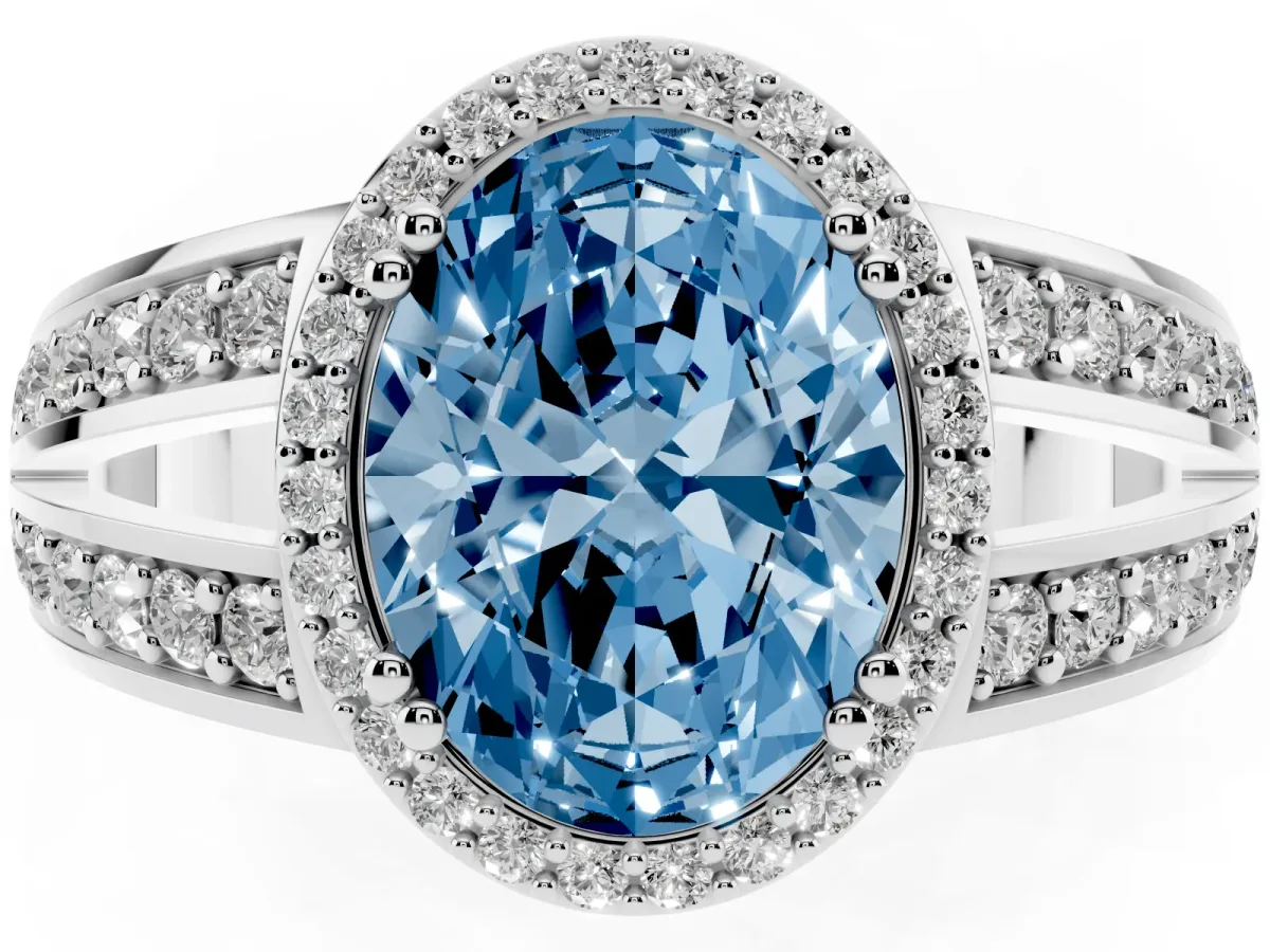 Fancy Blue Oval Cut Diamond Halo Ring with Split Shank Pavé Band and Four-Prong Setting White gold