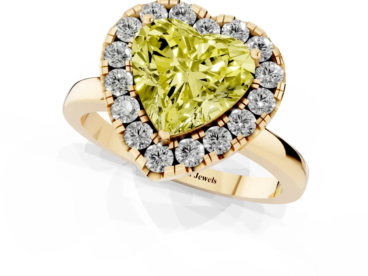 Fancy Yellow Heart Cut Halo Diamond Solitaire with Pavé Band and Four-Prong Setting Yellow gold