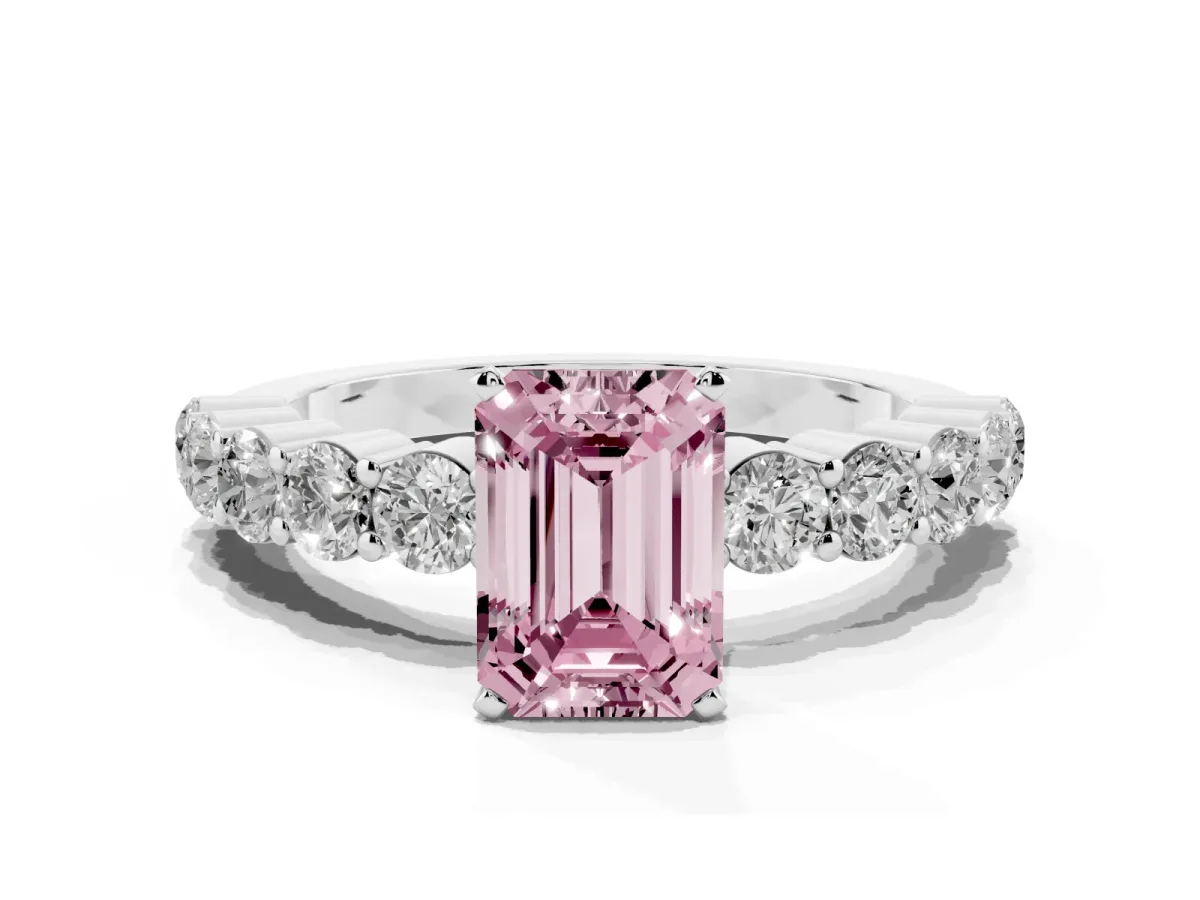 Fancy Pink Emerald Cut Diamond Solitaire Ring with Shared Prong Round Side Stones Silver